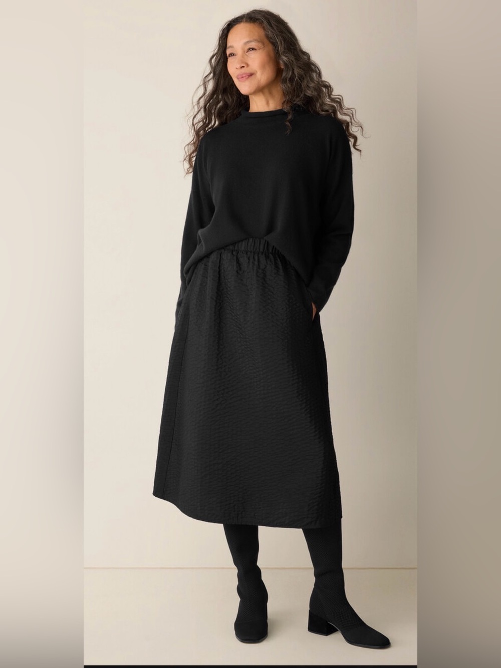 Eileen Fisher Quilted Silk A Line Skirt Classic Black Midi Skirt NEW PETITE LG